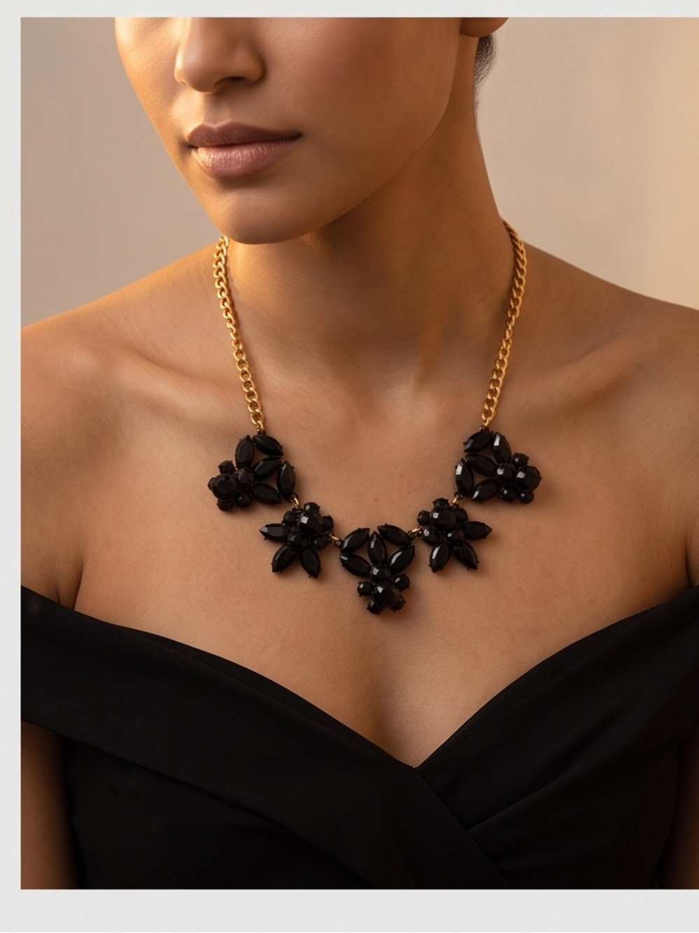 J. Crew Statement Necklace Black Rhinestone Floral Clusters